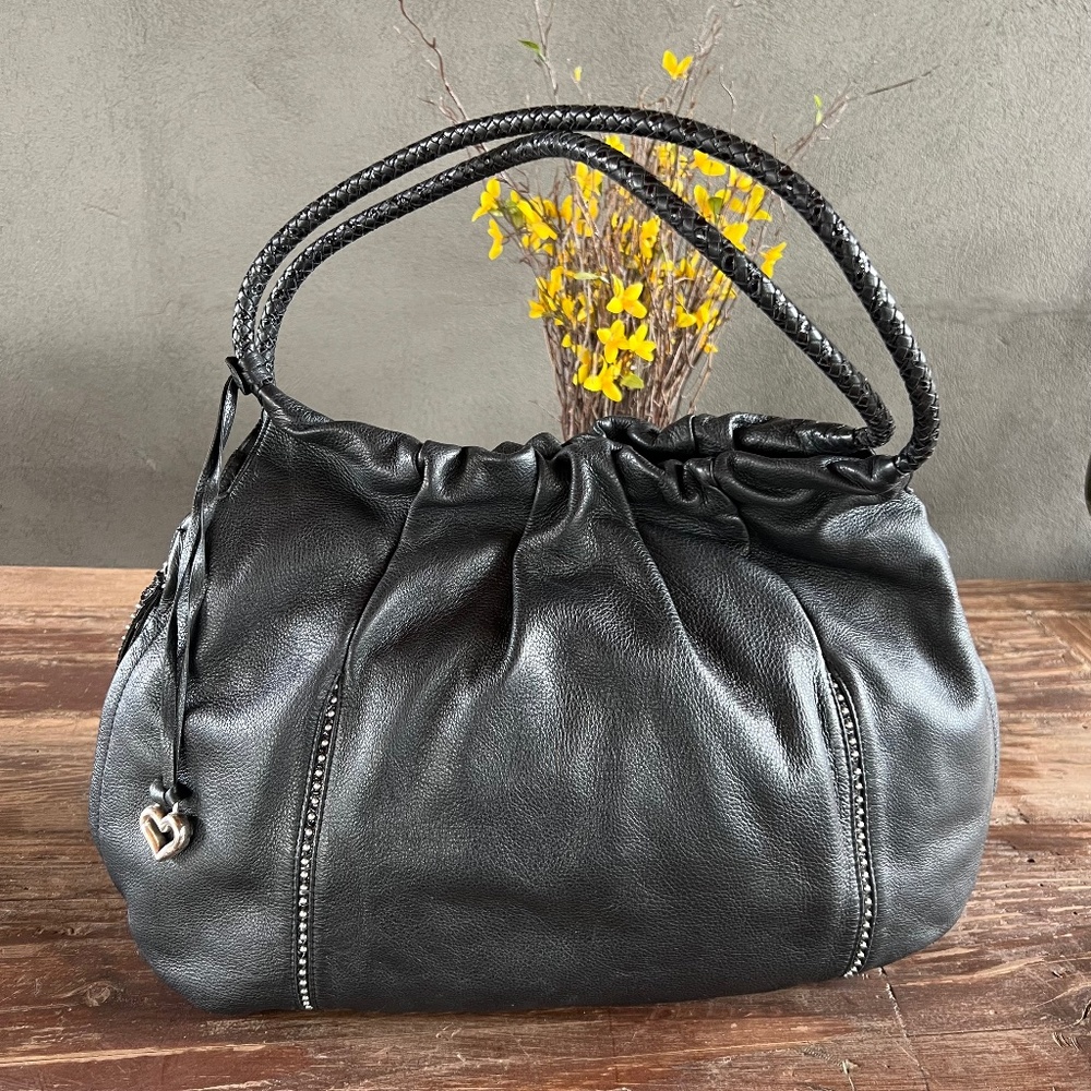 BRIGHTON EXTRA LARGE SHOULDER BAG BLACK LEATHER CROC STUDS